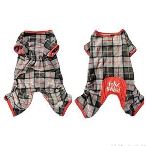 Christmas Dog Pajamas Sz M Feliz Navidad Gray Plaid Fleece 20-50 lb Pet Clothing